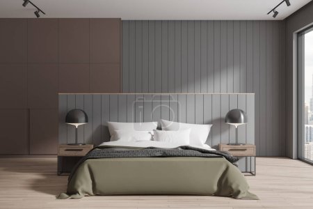Téléchargez les photos : Chambre à coucher moderne lit intérieur et table de chevet avec lampe, mur d'accent gris et étagère brune sur fond. Chambre à coucher minimaliste avec fenêtre panoramique sur Kuala Lumpur. rendu 3D - en image libre de droit