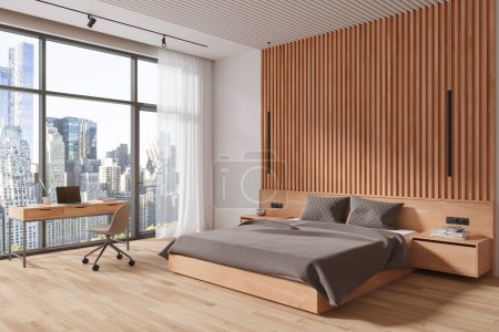 Foto de Elegante dormitorio de hotel cama interior y rincón de trabajo con silla y ordenador portátil, piso de madera. Vista lateral de un espacio relajante con escritorio y ventana panorámica a los rascacielos de Nueva York. Renderizado 3D - Imagen libre de derechos