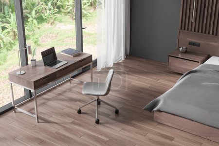 Photo for Top view of hotel bedroom interior bed and work corner with chair and desk, hardwood floor. Cozy relaxing corner with laptop and panoramic window on tropics. 3D rendering - Royalty Free Image