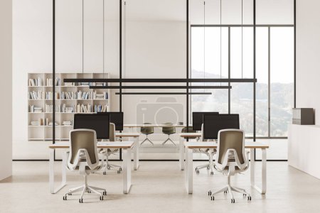 Photo for Elegant business interior with coworking and meeting room, chairs and board. Pc computer on desk in row, glass partition, shelf with books and panoramic window. 3D rendering - Royalty Free Image