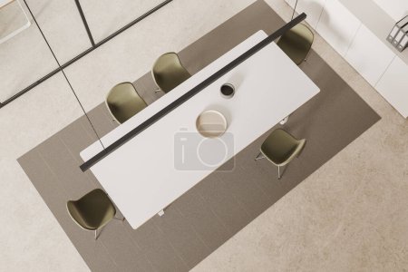 Photo for Top view of modern office meeting room with white and glass walls, stone floor and white conference table with chairs standing on carpet. 3d rendering - Royalty Free Image
