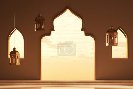 Foto de Vista de la hermosa habitación con ventana de estilo árabe tradicional, hermosa puesta de sol y linternas del Ramadán. Concepto de celebración del Ramadán. renderizado 3d - Imagen libre de derechos