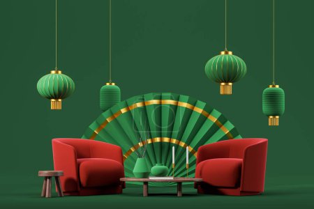 Photo for Abstract green room for Chinese new year celebration with two red armchairs, Chinese lanterns and big paper fan. 3d rendering - Royalty Free Image
