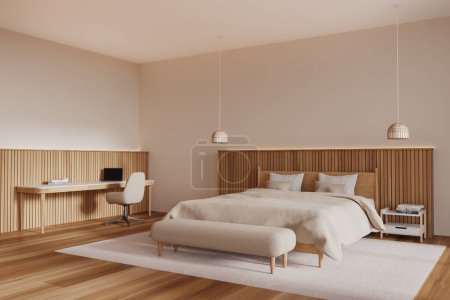 Photo for Corner of modern bedroom with beige walls, wooden floor, comfortable king size bed with bedside table and compact computer desk with chair. 3d rendering - Royalty Free Image