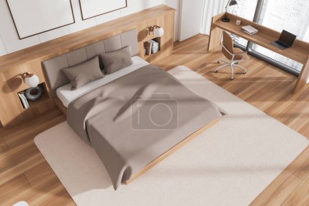 Photo for Top view of modern bedroom with white walls, wooden floor, comfortable king size bed and wooden computer table with chair standing near big window. 3d rendering - Royalty Free Image