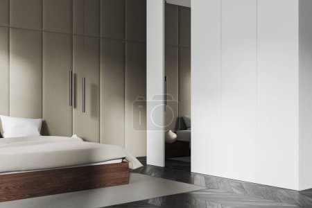 Photo for White and beige hotel bedroom interior with bed and closet with mirror, side view carpet on grey hardwood floor. Sleeping corner with wardrobe and minimalist decoration. 3D rendering - Royalty Free Image