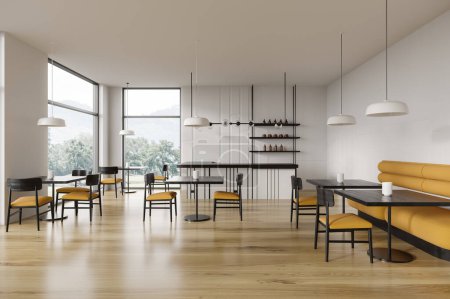 Foto de Interior del restaurante blanco con sofá y sillas amarillas, mesa negra sobre piso de madera. Bar o cafetería con mostrador y ventana panorámica al campo. Renderizado 3D - Imagen libre de derechos