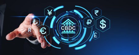 Photo for Businessman finger touch CBDC with different glowing currencies in cells, abstract circles hologram hud. Concept of blockchain, world economy and futuristic technology - Royalty Free Image