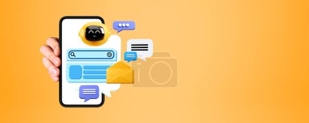 Photo for Hand of man holding smartphone with AI artificial intelligence robot and speech bubbles over yellow copy space background. Concept of machine learning and robot assistant chatting - Royalty Free Image