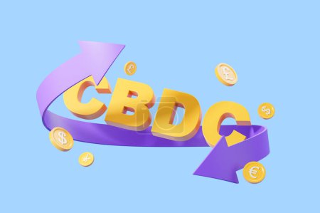 Photo for Letters CBDC with purple arrow surrounded by digital dollar, yen, euro and pound coins over blue background. Concept of Central Bank Digital Currency. 3d rendering - Royalty Free Image