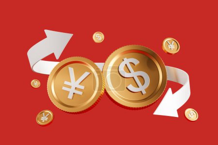 Foto de Monedas de oro de gran dólar y yen o yun con flecha blanca sobre fondo rojo. Concepto de comercio de divisas, cambio de moneda, transacción y transferencia. Ilustración de representación 3D - Imagen libre de derechos