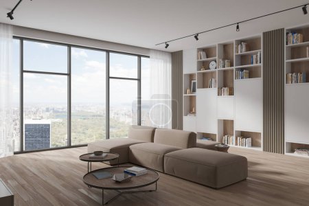 Photo for Elegant home living room interior with sofa, side view coffee table and minimalist shelf with art decoration. Panoramic window with tulle on New York skyscrapers. 3D rendering - Royalty Free Image