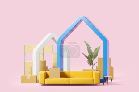 Photo for Couch, closet, chair and many cardboard boxes standing over pink background with two house silhouettes. Concept of moving to new home and real estate. 3d rendering - Royalty Free Image