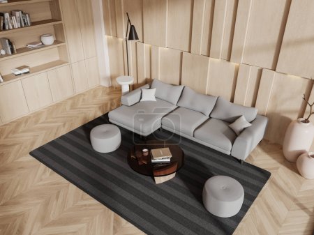 Foto de Vista superior del interior de la sala de estar con sofá y mesa de centro con decoración, estante de madera y alfombra en el suelo de madera. Lounge zona en apartamento moderno. Renderizado 3D - Imagen libre de derechos
