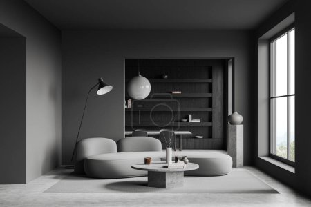 Photo for Dark office room interior with chill area and conference table with black wooden shelf. Relaxing zone with sofa and coffee table on carpet. Panoramic window on countryside. 3D rendering - Royalty Free Image