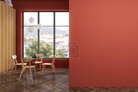 Foto de Interior del restaurante rojo con sillas de madera y mesa en suelo de madera. Café comer espacio con simulacro de espacio de copia partición de la pared. Ventana panorámica de los trópicos. Renderizado 3D - Imagen libre de derechos