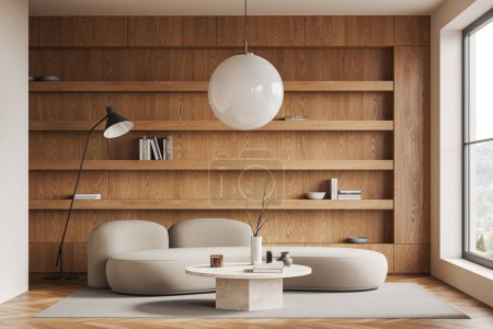 Foto de Interior de la moderna sala de estar con paredes blancas, suelo de madera, cómodo sofá blanco de pie cerca de la mesa redonda y librería de madera. renderizado 3d - Imagen libre de derechos