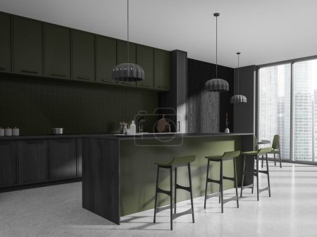 Foto de Verde y gris cocina interior bar encimera y taburete, vista lateral comedor y cocina esquina con armario, ventana panorámica en rascacielos. Renderizado 3D - Imagen libre de derechos