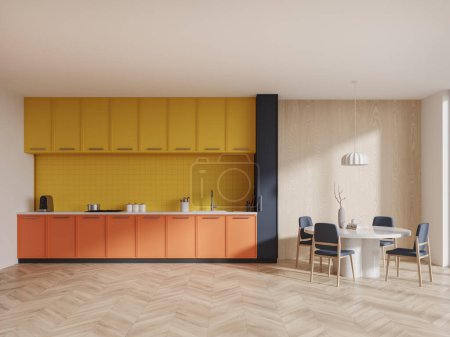 Photo for Bright hotel kitchen interior dinner table and chairs, hardwood floor. Cooking and eating open space with cabinet, kitchenware, coffee maker and sink. 3D rendering - Royalty Free Image