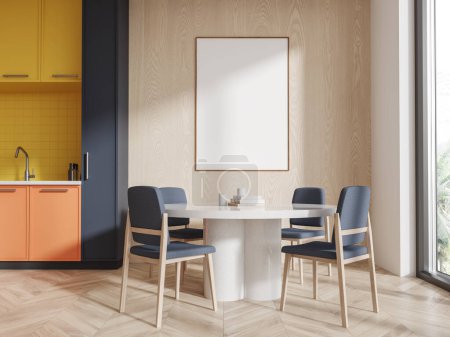 Téléchargez les photos : Lumineux intérieur de la cuisine de l'hôtel avec table et chaises en pierre, parquet. Armoire de cuisson avec évier et fenêtre panoramique sur les tropiques. Affiche en toile maquillée. rendu 3D - en image libre de droit