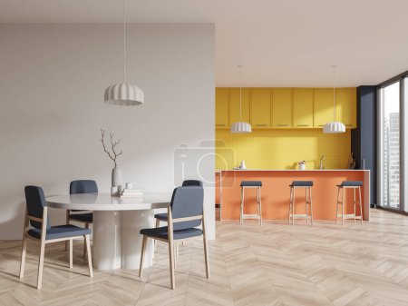 Téléchargez les photos : Intérieur de cuisine moderne avec murs blancs, sol en bois, table ronde avec chaises, bar orange avec tabourets et armoires jaunes. Rendu 3d - en image libre de droit