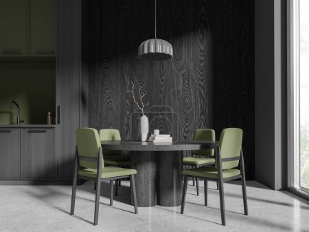 Foto de Interior de la cocina de casa gris y verde con mesa y sillas, suelo de hormigón gris. Comedor con una decoración mínima cerca de la ventana panorámica en los trópicos. Renderizado 3D - Imagen libre de derechos