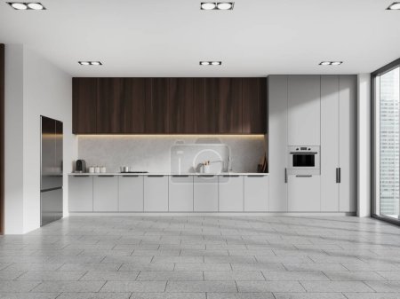 Photo for Interior of modern kitchen with white walls, tiled floor, gray cabinets with built in sink and cooker, dark wooden cupboards, big fridge and window. 3d rendering - Royalty Free Image