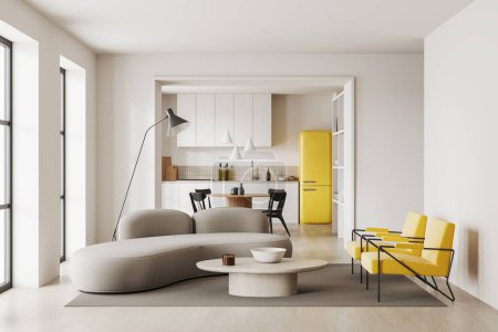 Foto de Interior de la casa beige con sofá y sillones. Mesa de comedor con sillas, armario con utensilios de cocina. Zona de cocina y salón con ventana panorámica. Renderizado 3D - Imagen libre de derechos