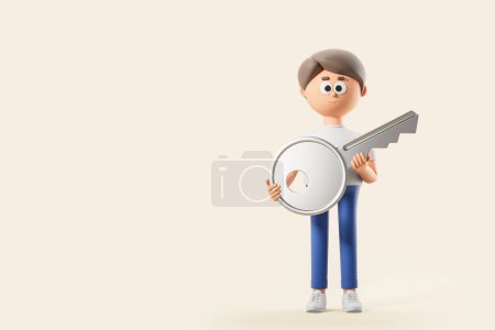 Photo for Cartoon character man holding a large house key, empty copy space beige background. Concept for mortgage, relocation, moving home or renting property. 3D rendering illustration - Royalty Free Image