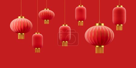 Téléchargez les photos : Vue de nombreuses belles lanternes chinoises traditionnelles rouges et dorées suspendues sur fond rouge. Concept de célébration et traditions chinoises. Rendu 3d - en image libre de droit