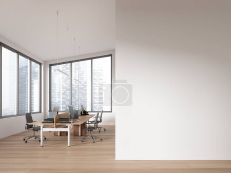 Photo for White office loft interior with pc monitors, coworking space with armchairs and desk in row on hardwood floor. Panoramic window on Singapore skyscrapers. Mockup empty wall partition. 3D rendering - Royalty Free Image