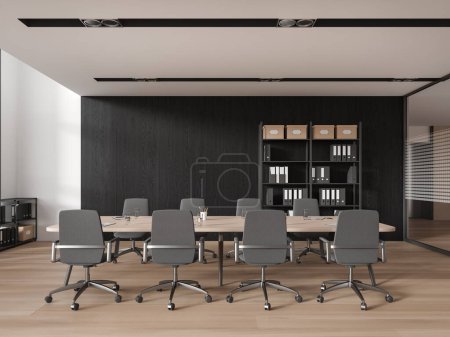 Téléchargez les photos : Intérieur d'affaires moderne avec table de conférence et fauteuils en bois, étagère avec des dossiers sur plancher lambrissé. Salle de réunion en verre avec mobilier minimaliste. rendu 3D - en image libre de droit