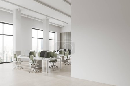 Photo for Corner of modern open space office with gray and white walls, wooden floor, rows of computer tables with olive chairs and columns. Mock up wall on the right. 3d rendering - Royalty Free Image