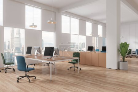 Photo for White coworking interior with desk and pc computers in row, side view. Stylish work corner with sideboard and column, panoramic window on Kuala Lumpur skyscrapers. 3D rendering - Royalty Free Image
