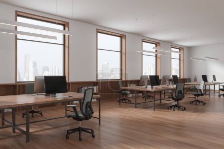 Photo for White and wooden office interior with armchairs and pc computers on desk, side view hardwood floor. Modern coworking space with sideboard, panoramic window on Singapore skyscrapers. 3D rendering - Royalty Free Image
