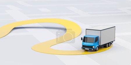 Photo for Cartoon delivery van driving on an abstract yellow route, city road or highway. Concept of logistics and transportation service. Mock up copy space. 3D rendering illustration - Royalty Free Image