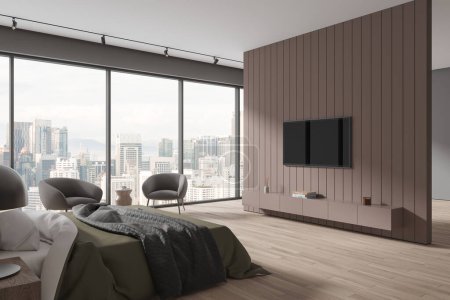 Photo for Elegant hotel bedroom interior bed and two armchairs, tv screen on accent wall partition and sideboard with decoration. Panoramic window on Kuala Lumpur skyscrapers. 3D rendering - Royalty Free Image
