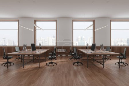 Foto de Interior de coworking blanco y madera con sillones y ordenadores pc en escritorio, suelo de madera. Acogedor lugar de trabajo con aparador, ventana panorámica de los rascacielos de Singapur. Renderizado 3D - Imagen libre de derechos