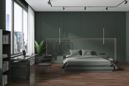 Foto de Casa verde oscuro dormitorio interior cama y lugar de trabajo con escritorio y silla, piso de madera. Elegante sala de relax con estante y ventana panorámica en Nueva York. Renderizado 3D - Imagen libre de derechos