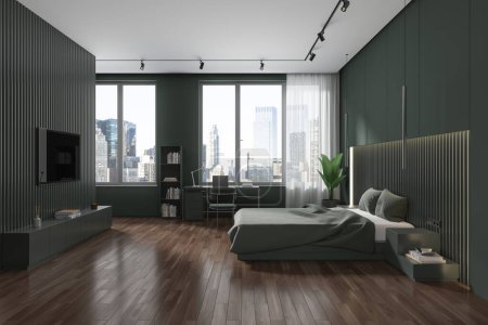 Photo for Interior of stylish bedroom with green walls, dark wooden floor, comfortable king size bed, home office corner with laptop standing on desk and big flat screen TV on wall. 3d rendering - Royalty Free Image