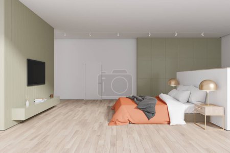 Photo for Elegant hotel bedroom interior bed and nightstand with golden lamp, tv display on green accent wall and sideboard with decoration. Relax room with invisible door, hardwood floor. 3D rendering - Royalty Free Image