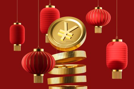 Fallende große Gold- oder Yuan-Münzen, rote asiatische Laternen in Reihe. Konzept der chinesischen oder japanischen Währung, des Finanzwesens oder des traditionellen Symbols. 3D-Darstellung