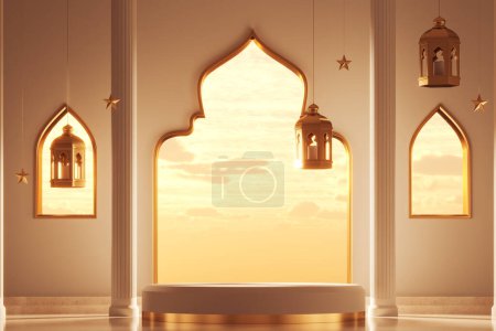 Foto de Vista de la mesa de visualización de productos redondos en la habitación con ventana de estilo árabe y linternas Ramadán. Concepto de celebración y colocación de productos. renderizado 3d - Imagen libre de derechos