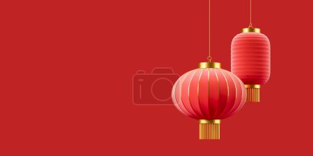 Foto de Vista de dos hermosas linternas chinas tradicionales rojas y doradas que cuelgan sobre el fondo del espacio de copia roja. Concepto de celebración y tradiciones chinas. renderizado 3d - Imagen libre de derechos