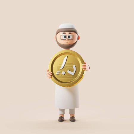 Foto de Personaje de dibujos animados hombre islámico sosteniendo una moneda dirham oro, fondo beige. Concepto de emiratos árabes unidos y cambio de moneda. Ilustración de representación 3D - Imagen libre de derechos