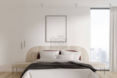 Photo for Luxury hotel bedroom interior bed and nightstand, white pillow and bed linen. Sleep and relax room with panoramic window on Paris skyscrapers. Mock up canvas poster on wall. 3D rendering - Royalty Free Image