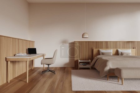 Photo for Cozy hotel bedroom interior bed and workplace with chair and laptop, carpet on hardwood floor. Stylish relax and work zone with table, bench with minimalist decoration. 3D rendering - Royalty Free Image