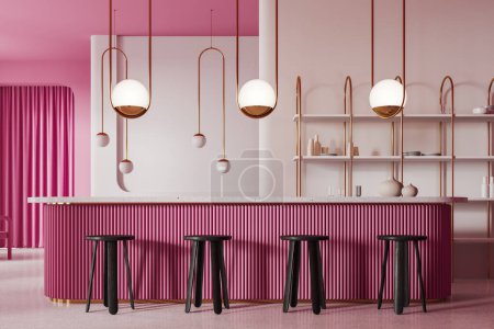 Photo for Modern bar interior with pink countertop and stool in row, concrete floor. Golden shelf with dishes and bottles. Bright cafe eating space with minimalist furniture. 3D rendering - Royalty Free Image