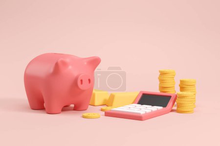 Photo for Ceramic piggy moneybox with stack of gold coins, calculator with bars on empty copy space background. Concept of profit, accumulation and counting. 3D rendering illustration - Royalty Free Image