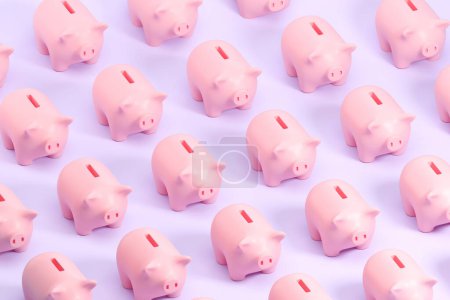 Photo for Top view of small piggy banks in row with a hole for coin, purple background. Concept of saving, investment, banking and finance. 3D rendering illustration - Royalty Free Image